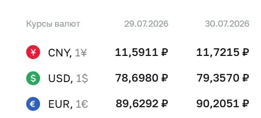 Официальный курс на 30 июля: доллар — ₽79,36; евро — ₽90,21; юань — ₽11,72. По курсу Центробанка проходят расчёты по ряду финансовых инструментов.