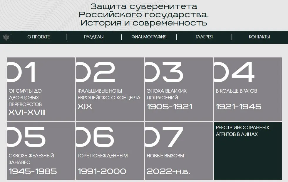 Сайт выставки охватывает восемь периодов истории — последний раздел содержит карточки людей и организаций, официально признанных иноагентами.