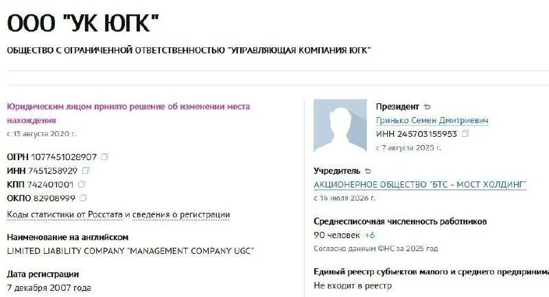 АО «БТС‑Мост Холдинг» во главе с Русланом Байсаровым стало владельцем управляющей компании ЮГК — год назад активы были национализированы. Сделка затронула крупного золотодобытчика, входящего в топ‑10 отрасли.